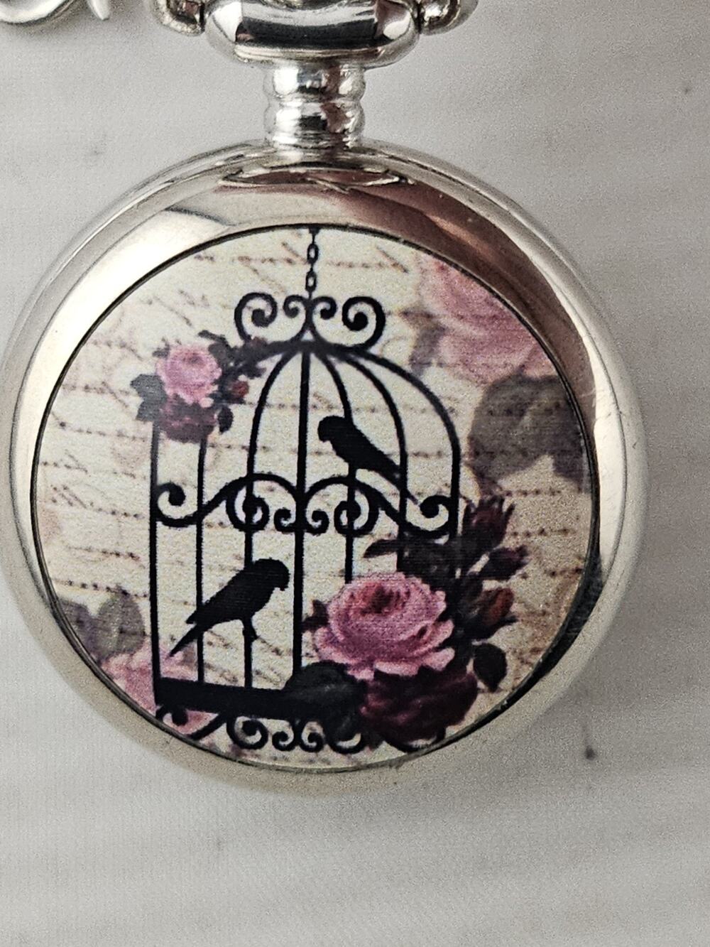 Vintage Style Antique Silver Floral Bird Cage Quartz Pendant Watch 30" Necklace